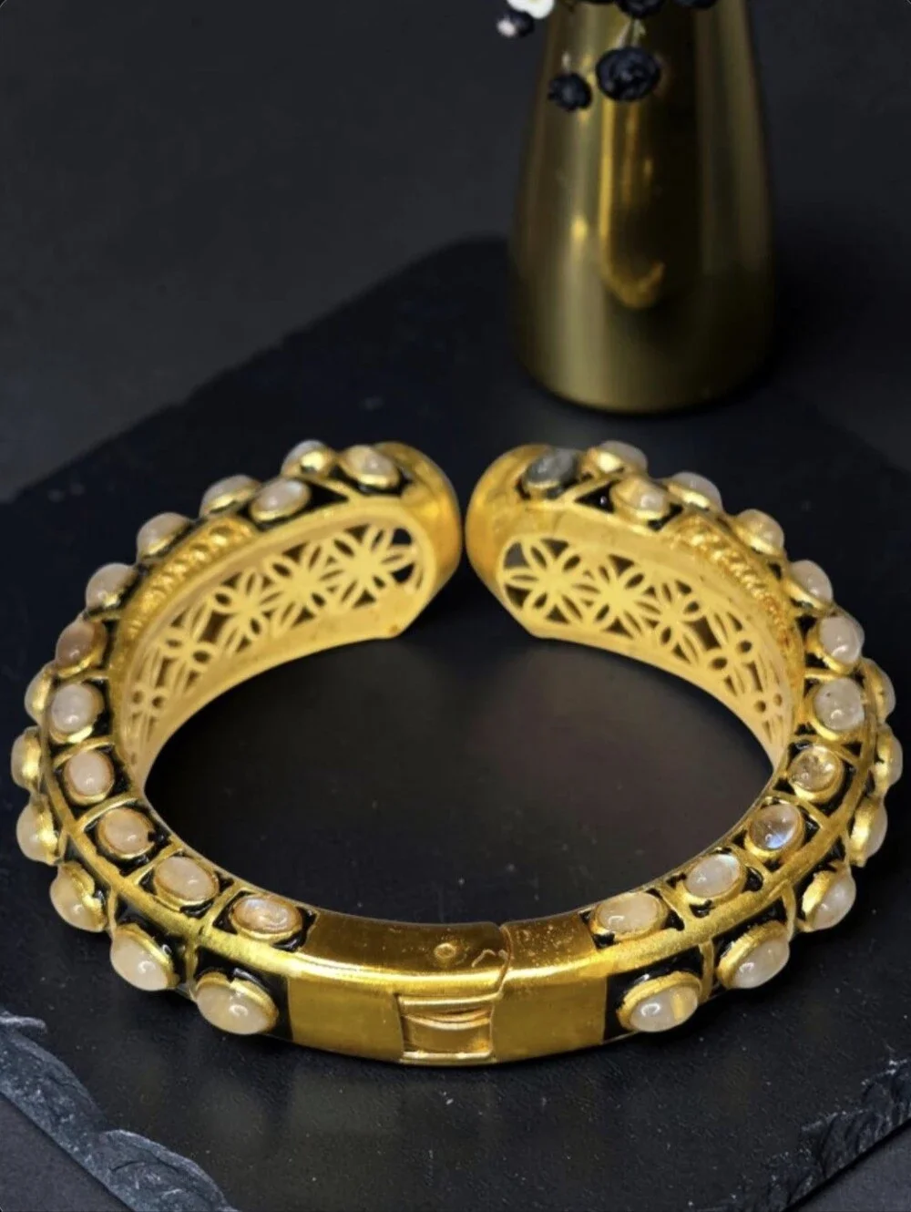 24k Gold Plated Artisan Flash Moonstone Onyx Enamel Oversized Clamper Bracelet